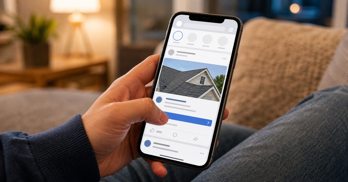Hand scrolling through social media feed showing a sponsored local roofing ad