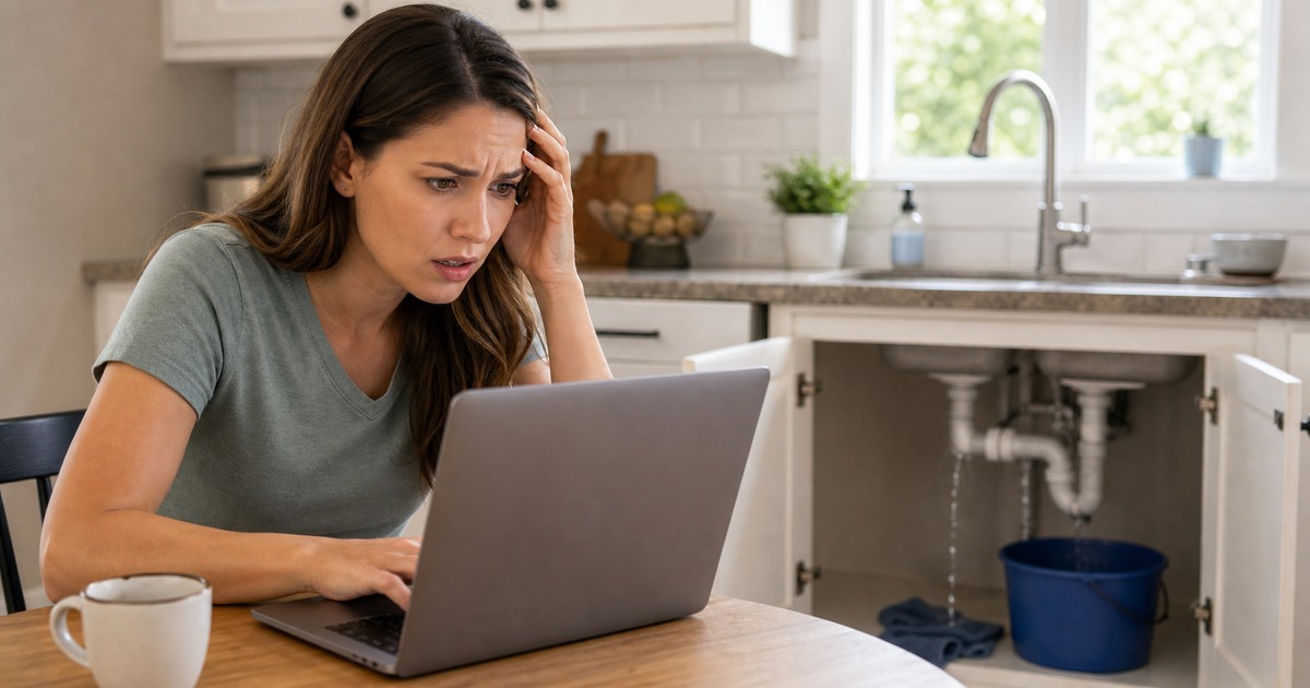 Homeowner searching on laptop with a burst pipe visible under the kitchen sink